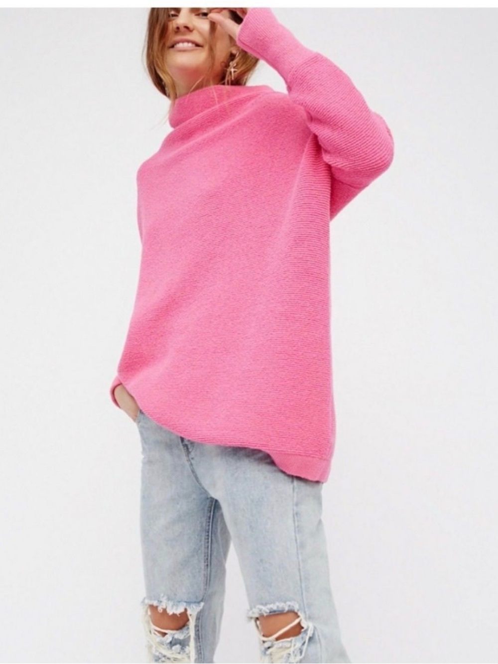 Free People Bright Pink Funnel Neck Sweater